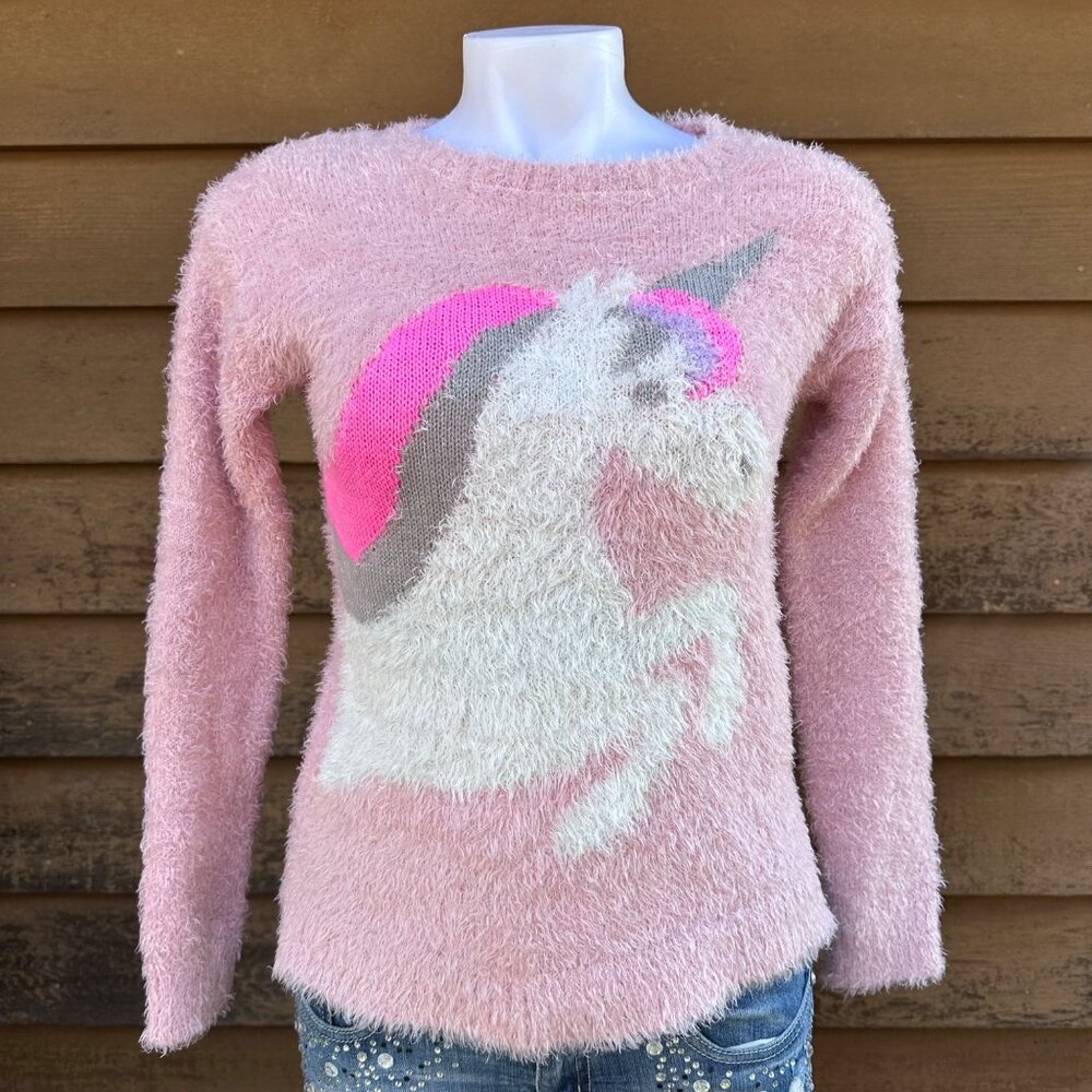 Epic Threads Pink Fuzzy Knit Sweater With Unicorn Design